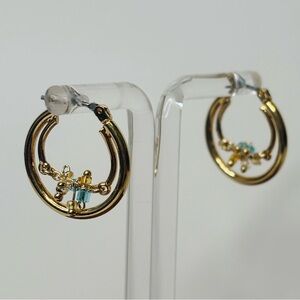 Gold Double Hoop Beaded Earrings Small Dainty Hoops w/ Clear Light Blue Beads
